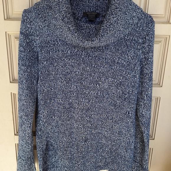 White House Black Market SzS Blue Knit Cowl Neck Sweater Long Sleeves Slit Hem - Picture 5 of 11